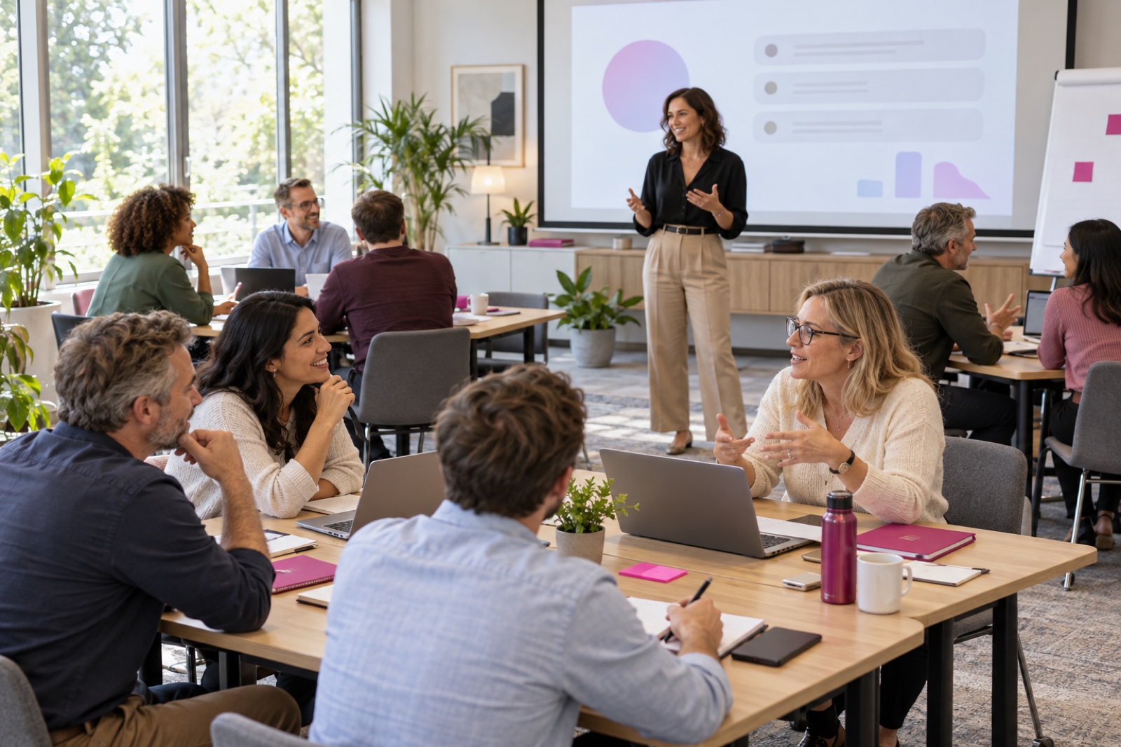 Eine größere Gruppe von Mitarbeitenden nimmt an einer gemeinsamen Schulung mit Laptops teil.